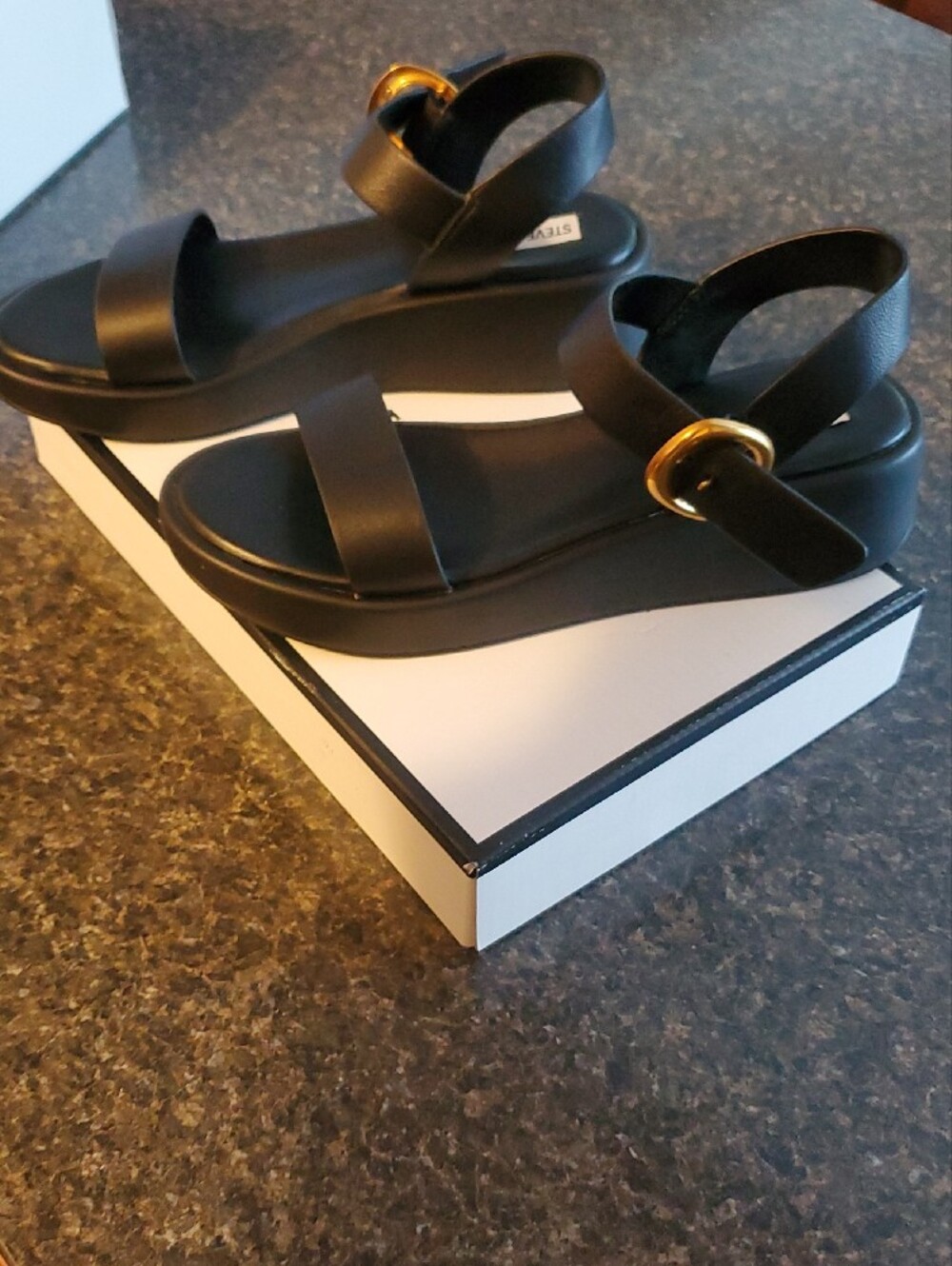 Steve Madden Black Leather Slingback Sandals with Gold Buckle - Picture 4 of 7